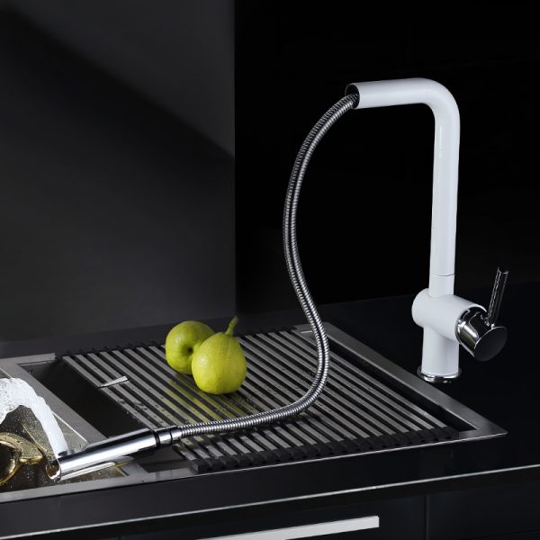 Ausziehbares Sprühgerät Einhebel-Küchenarmatur Weiß & Chrom 7 4 Pull Out Sprayer Single Lever Swivel Kitchen Faucet White Chrome 4