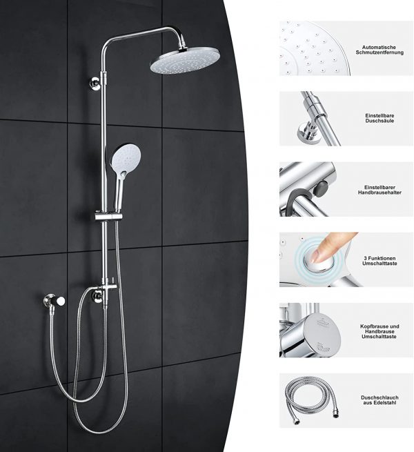 레인폴 샤워기가 있는 Arcora 온도 조절식 샤워 시스템 크롬 1