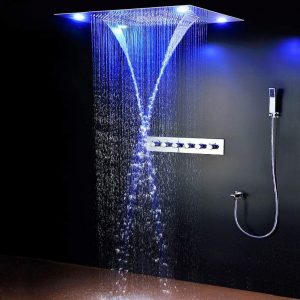 Sistema de ducha Ducha RGB de 4 funcións con temperatura constante, ducha de choiva de 600 × 800 mm con, spray de spa, choiva, aceiro inoxidable 304, montaxe de ducha, ducha