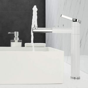 360 ° -ban forgatható mosdócsaptelep egykaros csaptelep a fürdőszoba fehér színéhez