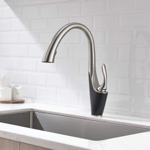 Kitchen faucet pull single handle 1-hole bracket kontemporari add on button sink mixer disikat nikel / hitam komersial