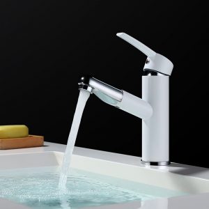 Grifería de baño moderna en blanco y cromo