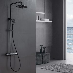 Braket dinding perangkat shower termostatik, matt hitam stainless steel 3 fungsi dengan semprotan tangan