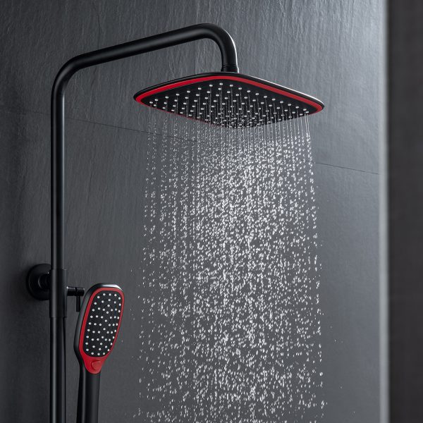 Sistema di soffioni doccia termostatici con supporto regolabile in altezza nero e rosso 3