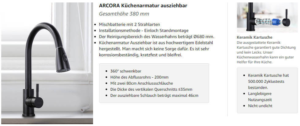 arcora kuechenarmatur ausziehbar