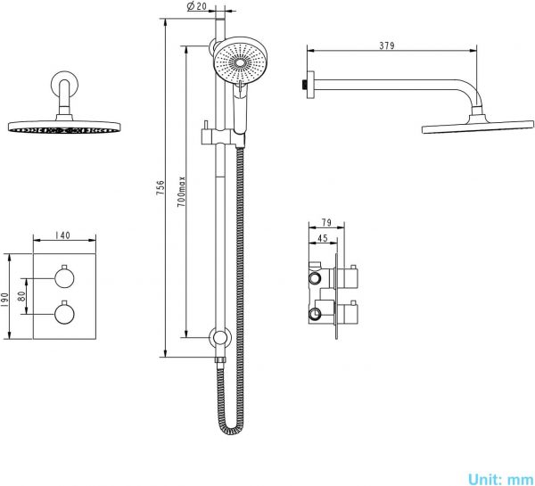 arcora chrom eingebautes thermostat duschsystem mit regendusche 3