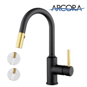 ARCORA Messing 360 ° drehbarer Hochdruck-Waschtischmischer Schwarz mit Gold